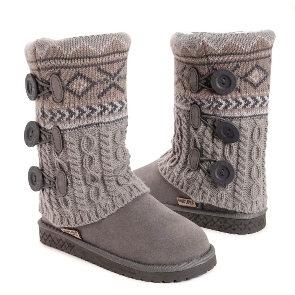 Muk Luks Gray and Brown Knit Button Boots